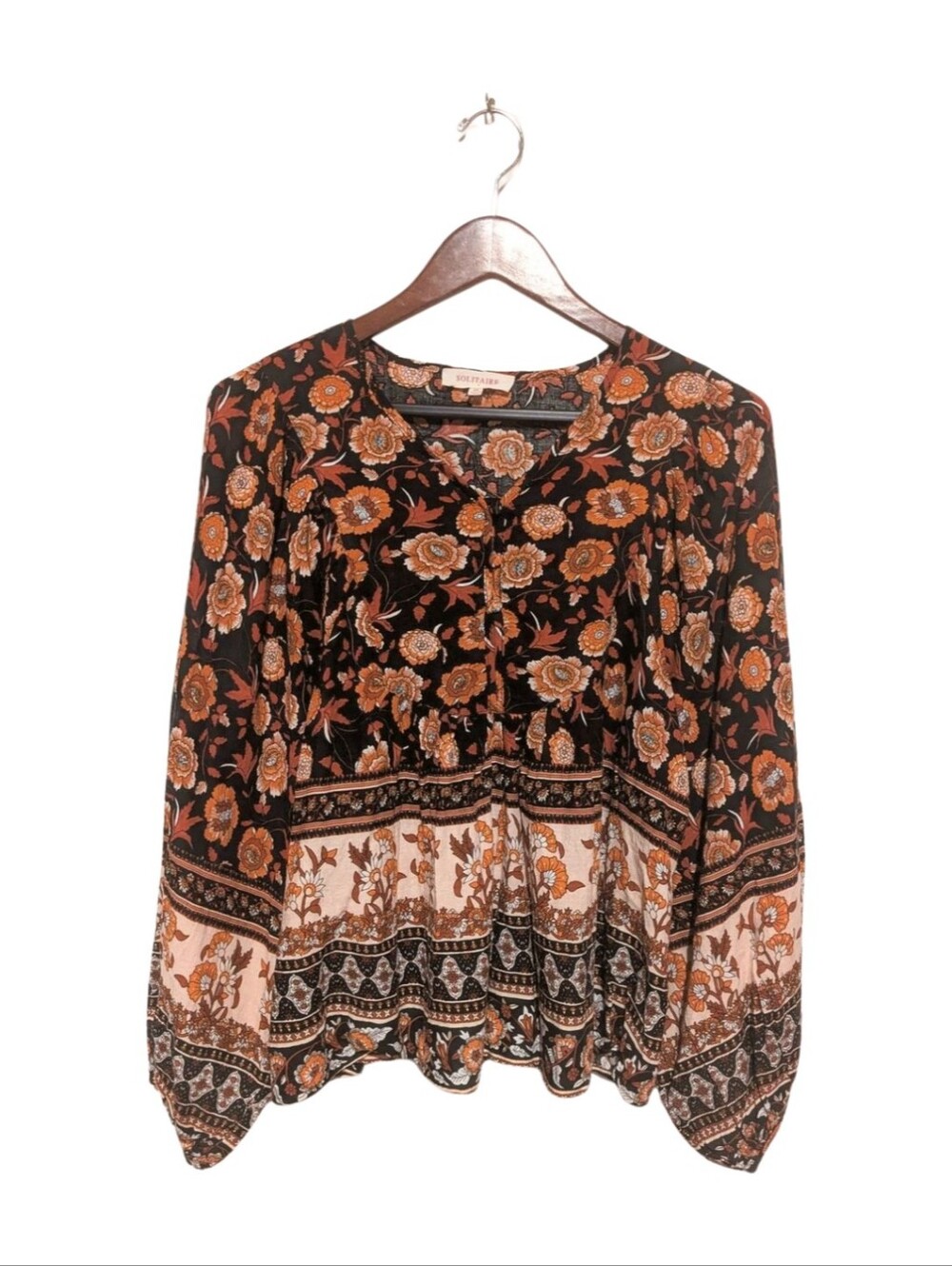 Solitaire Pleated Button Breezy Loose Peasant Top Long Sleeve Women’s M